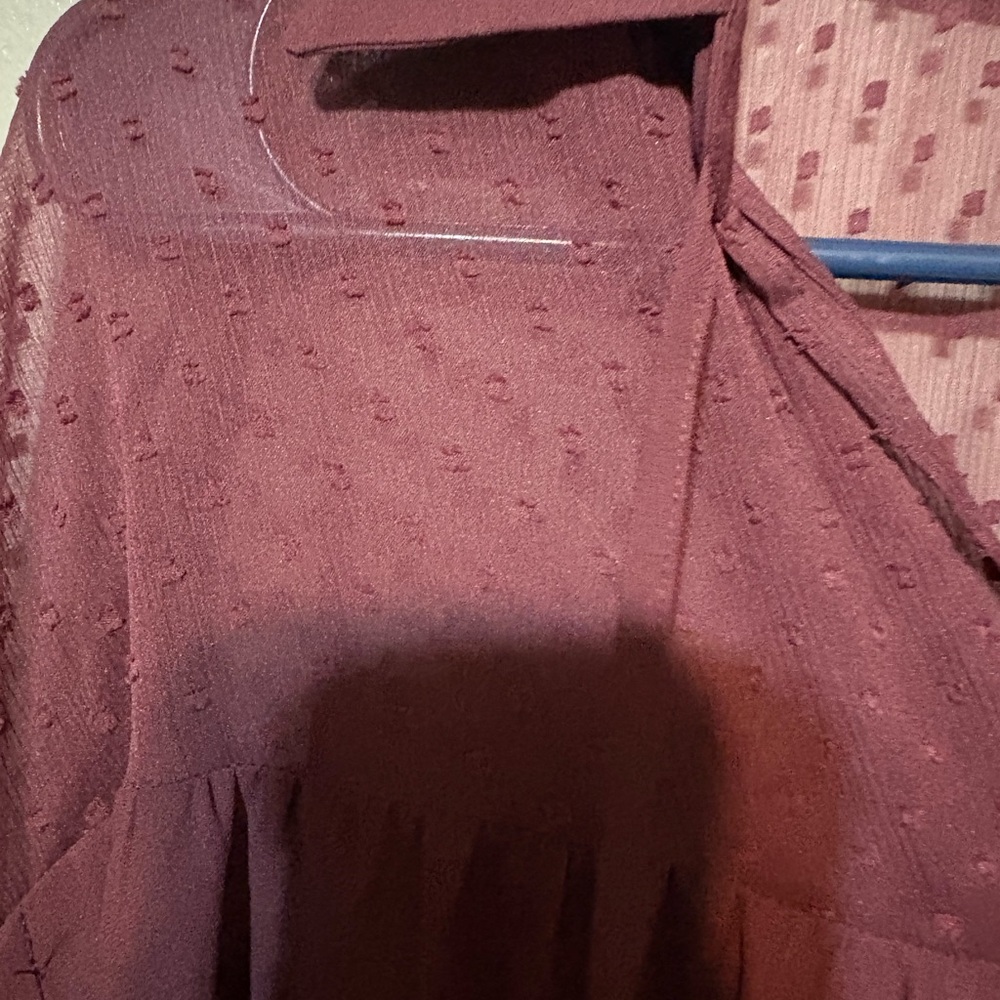 LOFT Burgundy Sheer Dotted-Yoke Long-Sleeve Peasant Top Size S - Picture 6 of 11
